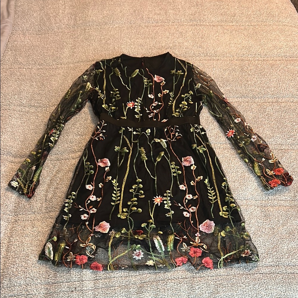 Floral Embroidered Dress - Black and Green